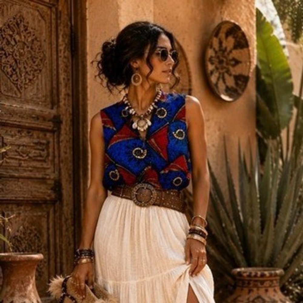 Obioma African Wax Print Crop Top Blue Red Geometric Sleeveless Cotton Size M